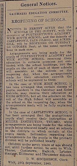 Reopening of schools (John O'Groat Journal 27.09.1940)