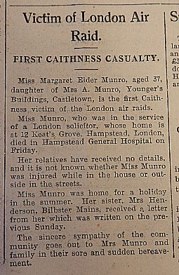 Victim of London Raid (John O'Groat Journal 27.09.1940)