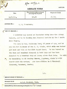 Police message re survivor at Scrabster 18.10.1940