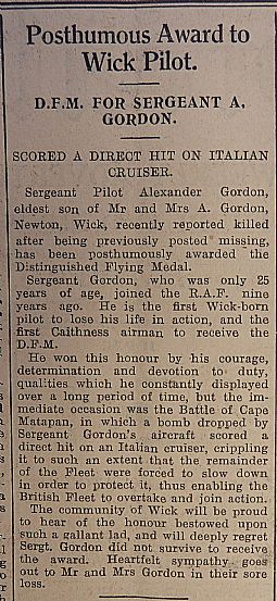 John O'Groat Journal 01.08.1941. Posthumous Award to Wick Pilot