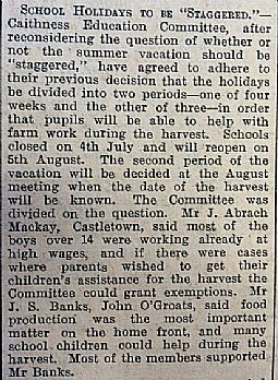 Scholl holidays to be staggered. John O'Groat Journal 18.07.1941