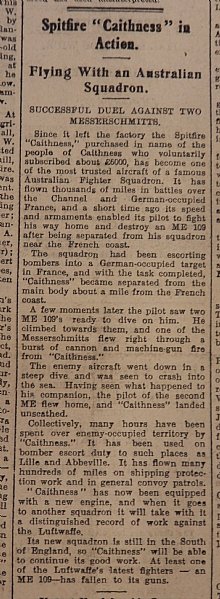 13.03.1942 John O'Groat Journal spitfire Caithness in action
